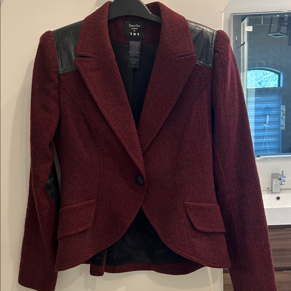 Smythe Wine Red Wool Blazer with Black Leather Shoulders